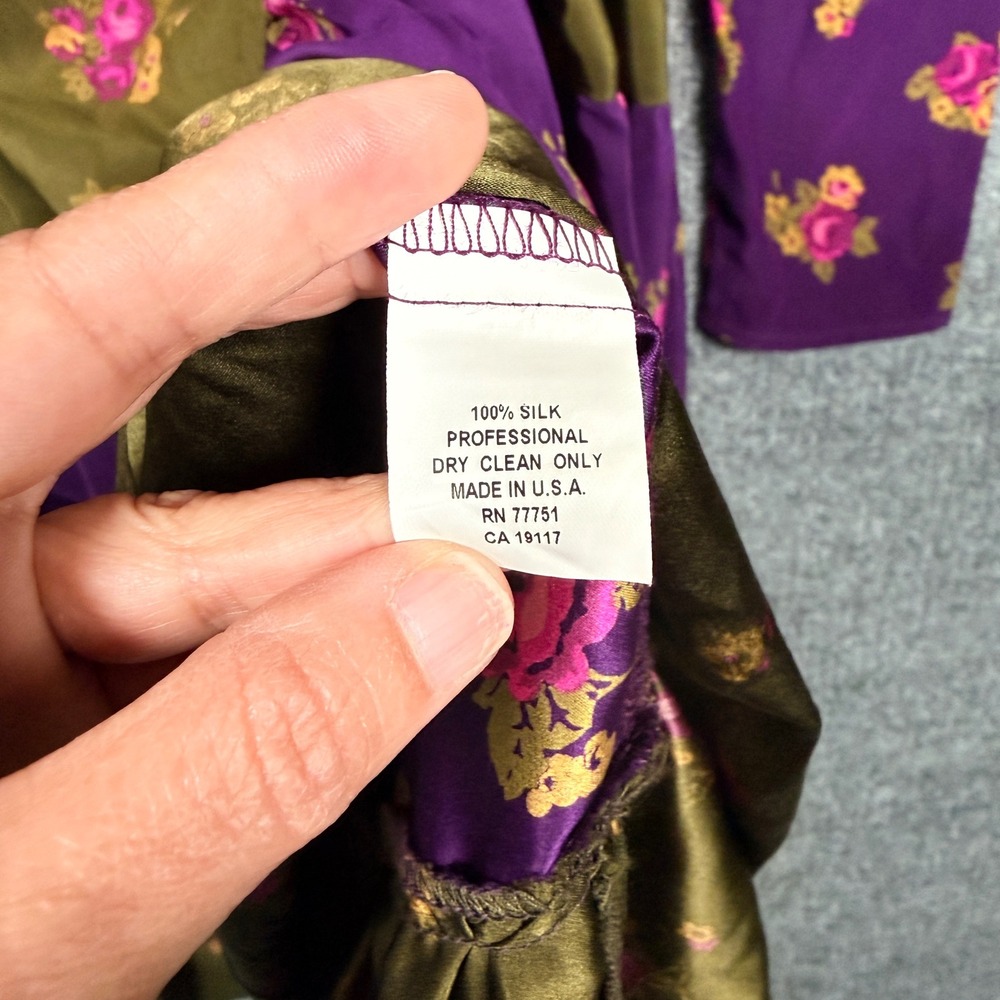 Betsey Johnson Size 6 Tiered Midi Shift Dress Purple Brown Silk Floral V Neck - Picture 8 of 10
